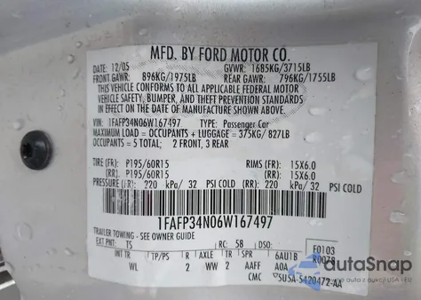 2006 Ford Focus Zx4 from USA, damaged, VIN 1FAFP34N06W167497